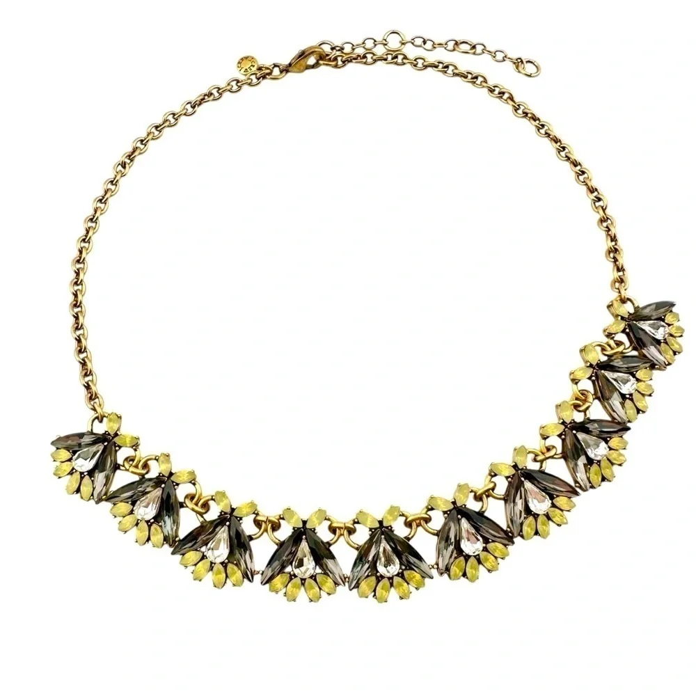 J Crew Necklace in Gray and Yellow Rhinestones and Gold Tone Chain